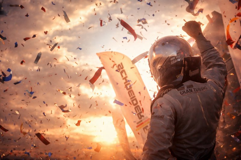 Back view of helmeted race driver raising a fist in victory as colorful confetti falls over a gol...