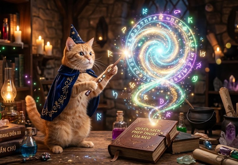 A wizard-cat conjures a glowing magical swirl with a wand in a cozy workshop.