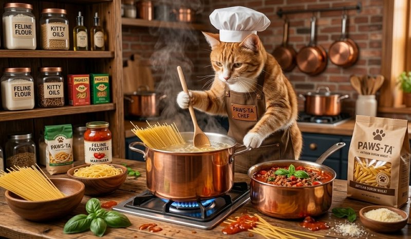 Chef cat wearing a white toque stirs a copper pot of pasta on the stove.