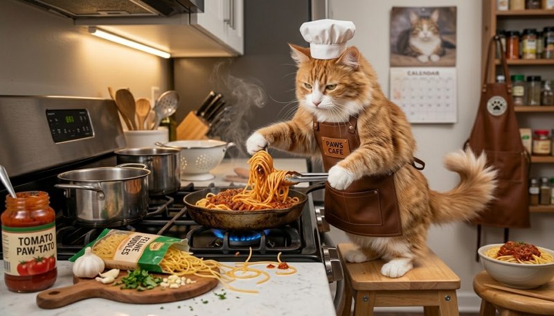 Orange cat wearing a chef hat and apron cooking spaghetti on a stove.