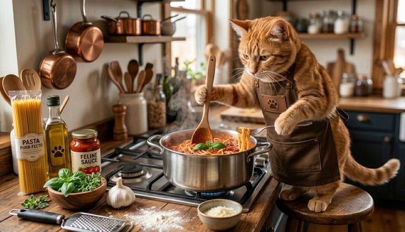 Orange tabby cat wearing an apron stirs a pot of pasta on a stove in a cozy kitchen.