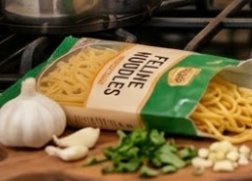 Open bag of fusilli pasta with garlic and parsley on a wooden surface.