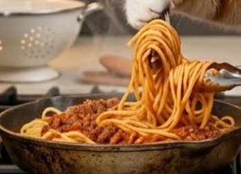Dog grabbing spaghetti with meat sauce from a skillet
