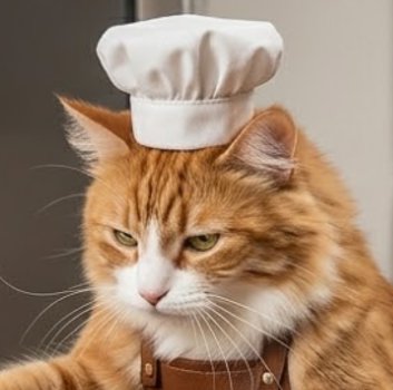 Orange tabby cat wearing a white chef hat and brown apron.
