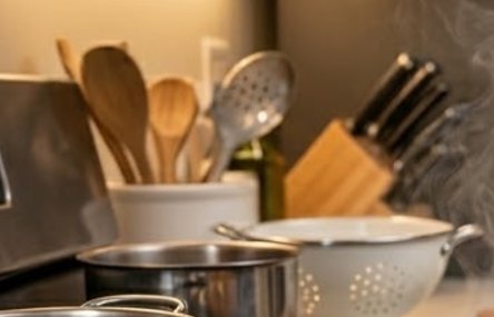 A kitchen countertop with pots, a colander, and wooden utensils in a mug and knife block.