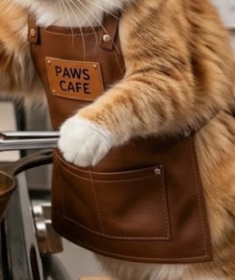 Cat wearing a brown leather apron with "PAWS CAFE" patch, perched on a scooter handle.