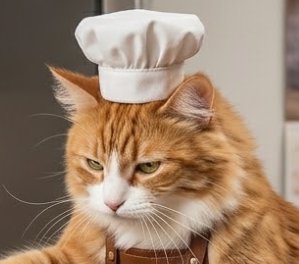 Ginger cat wearing a white chef hat and apron, looking curious.
