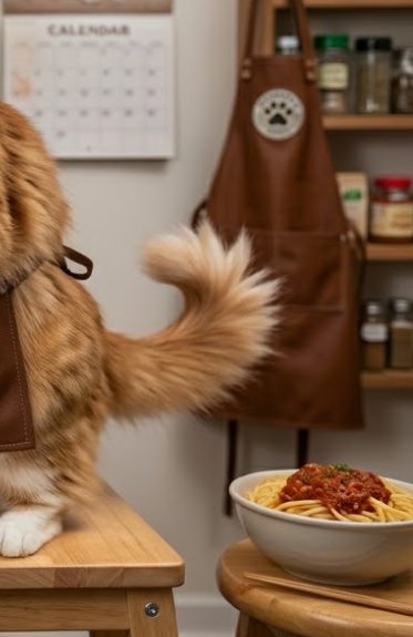 Fluffy cat wearing a brown apron beside a bowl of spaghetti in a cozy kitchen.