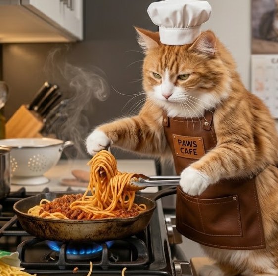 Orange cat wearing a chef hat and apron cooking spaghetti in a skillet on the stove.