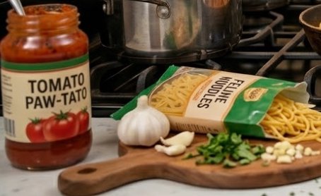 Jar of tomato sauce beside pasta, garlic, and chopped herbs on a wooden cutting board in a kitchen.