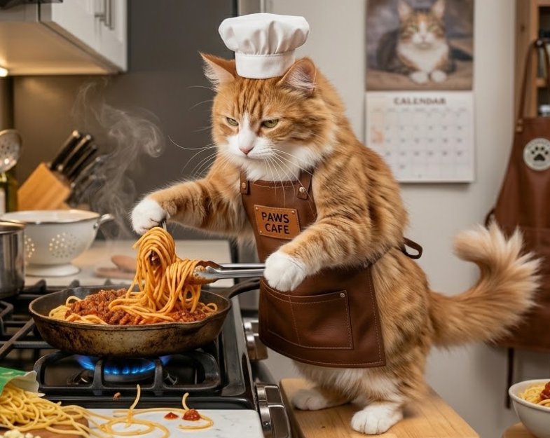Fluffy orange tabby cat in a chef hat and "Paws Cafe" apron cooks spaghetti with tongs on a home kitchen gas stove.