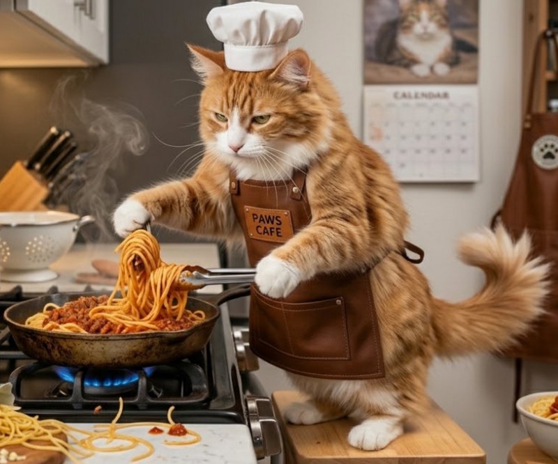 Fluffy orange tabby cat in a chef hat and Paws Cafe apron cooks spaghetti while standing at a home kitchen gas stove.