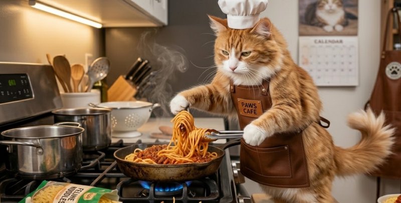Fluffy orange tabby cat in a chef’s hat and Paws Cafe apron cooks spaghetti, lifting pasta with t...