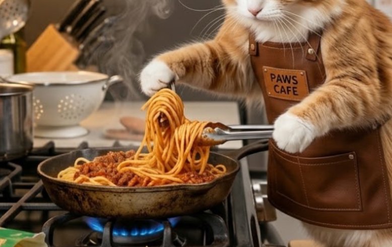 Fluffy orange cat in a 'Paws Cafe' apron cooks spaghetti, lifting pasta from a cast iron skillet on a gas stove with metal...