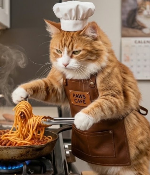 Fluffy orange tabby cat in a chef hat and Paws Cafe apron cooking spaghetti with tongs on a home kitchen stovetop