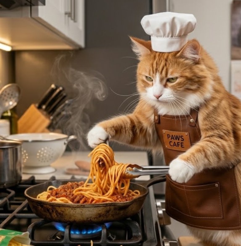 Fluffy orange tabby cat in a chef hat and Paws Cafe apron cooks spaghetti bolognese in a home kitchen.