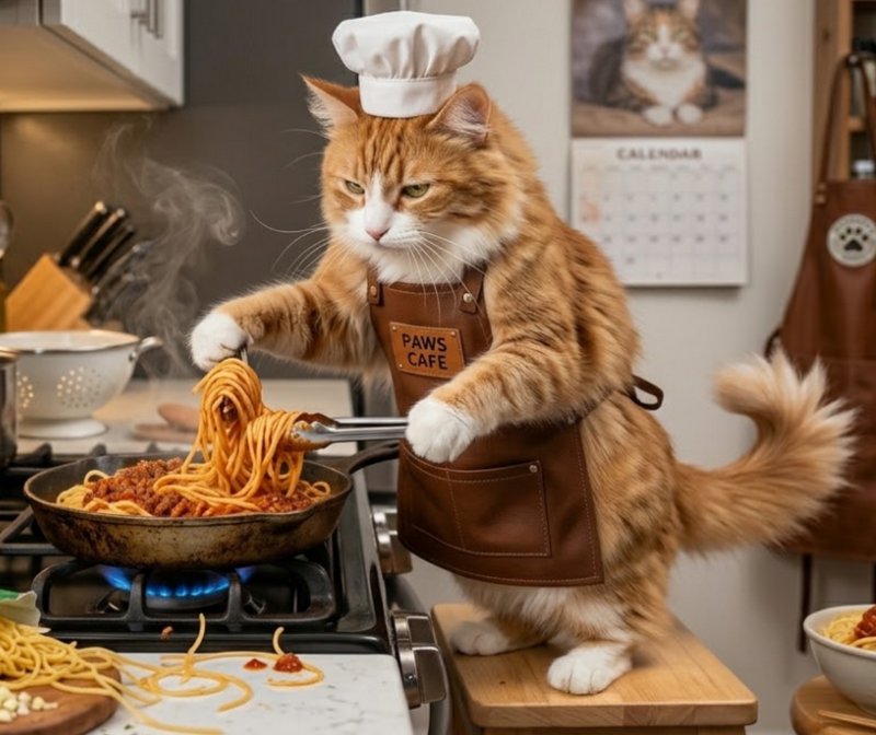Fluffy orange tabby cat wears a chef hat and Paws Cafe apron, using tongs to cook spaghetti in a cozy home kitchen.
