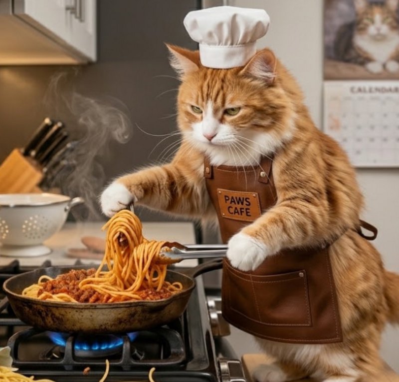 [Fluffy orange tabby cat in a chef hat and "PAWS CAFE" apron uses tongs to cook spaghetti on a kitchen stovetop]