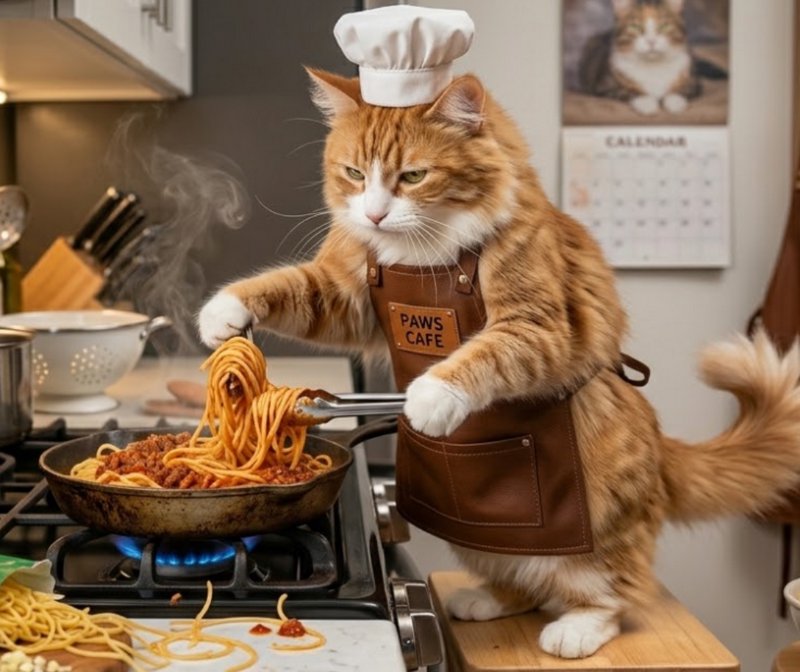 [Fluffy orange tabby cat in a chef hat and apron lifts spaghetti from a pan in a home kitchen]