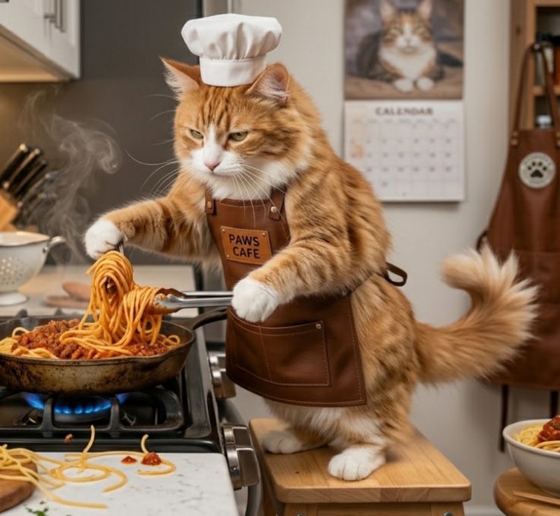 [Fluffy orange tabby cat in a chef hat and "Paws Cafe" apron cooks spaghetti on a kitchen stovetop]