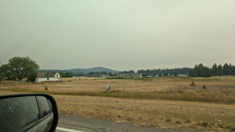 Roadside view from a car of hazy rural farmland, dry golden fields, scattered homes, distant tree...