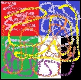 [Abstract pixelated scribble art with segmented multi-color block background and overlapping curved hand-drawn lines]