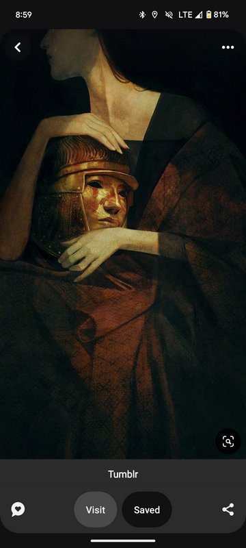Moody dark figurative painting of a woman gently cradling an ornate golden warrior helmet, warm s...
