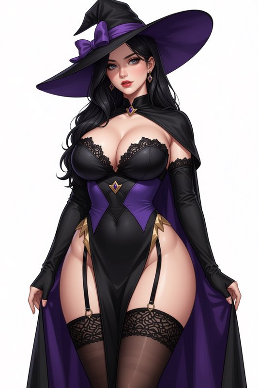 Glamorous anime witch in a black and purple costume poses against a plain white background