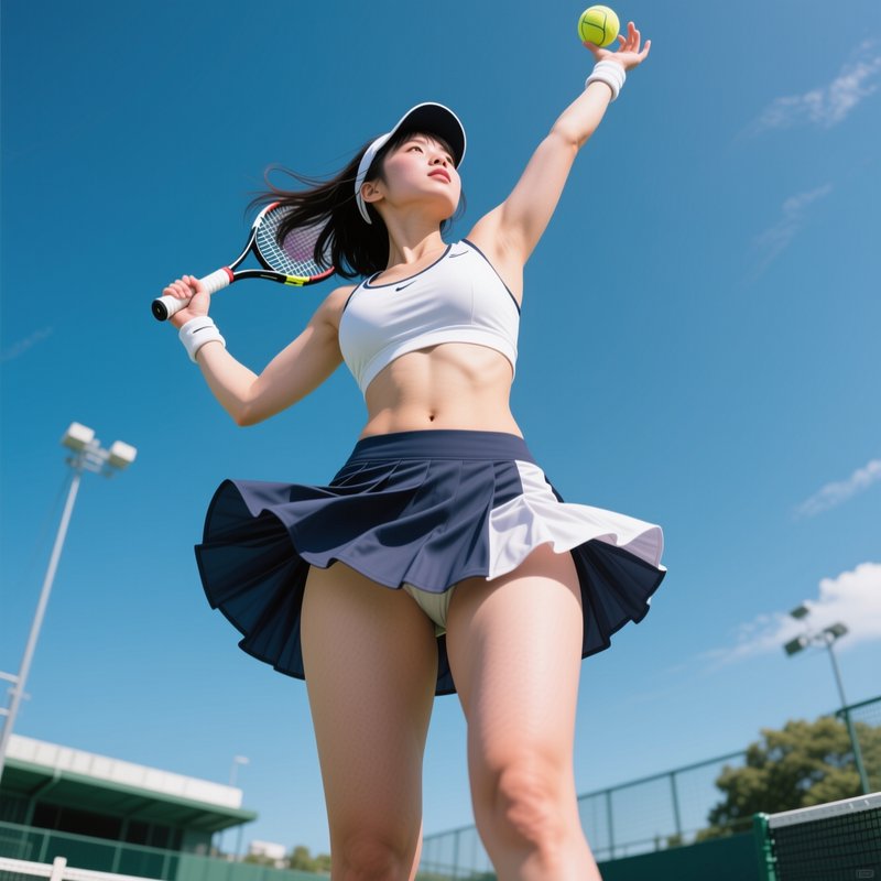 Low angle view of young female tennis player preparing to serve on a sunny outdoor tennis court