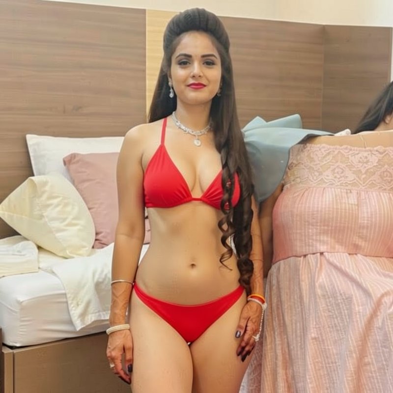 South Asian woman in a red bikini with jewelry and henna stands in a modern bedroom next to a par...
