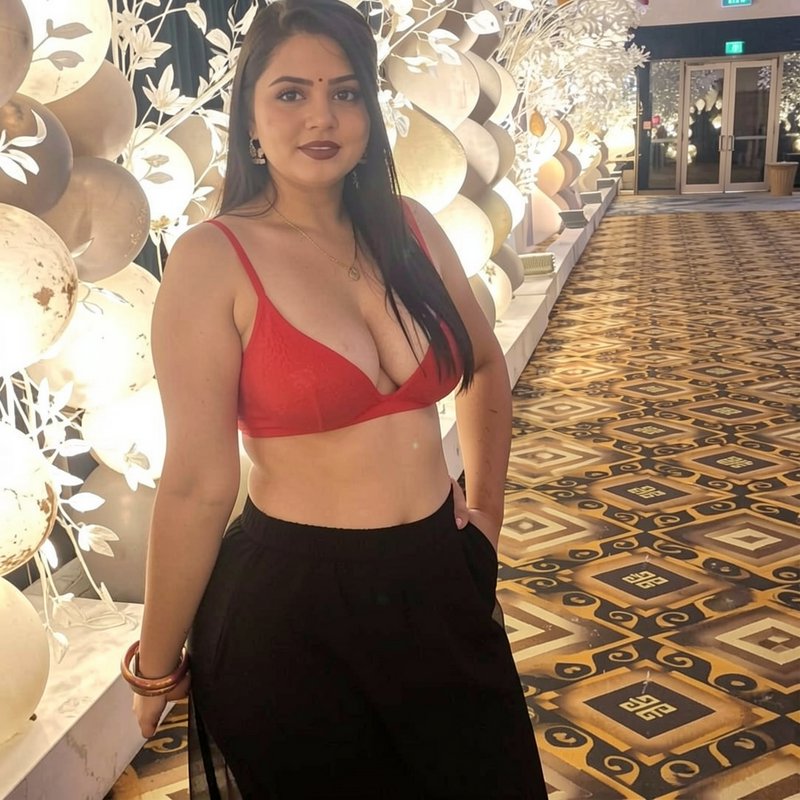 Young South Asian woman in a red bralette and black skirt poses beside glowing decorative event d...