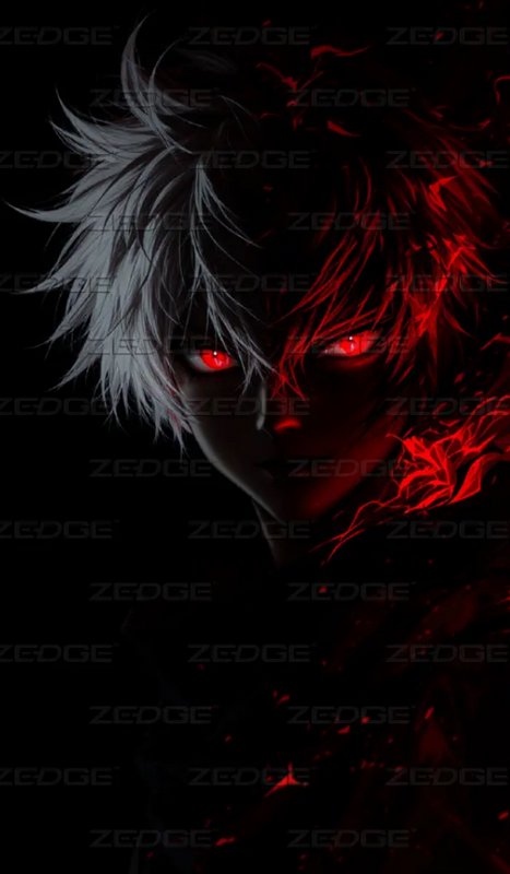 Brooding anime character with split white and red hair, glowing bright red eyes against a black background