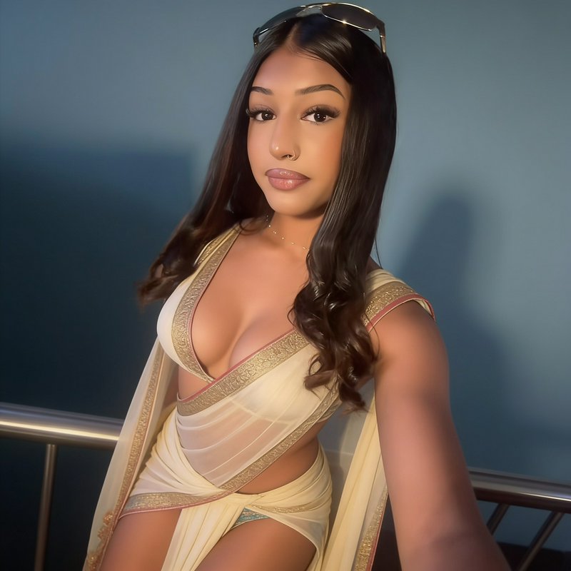 Selfie portrait of a young South Asian woman in a cream gold-trimmed saree, sunglasses resting on...