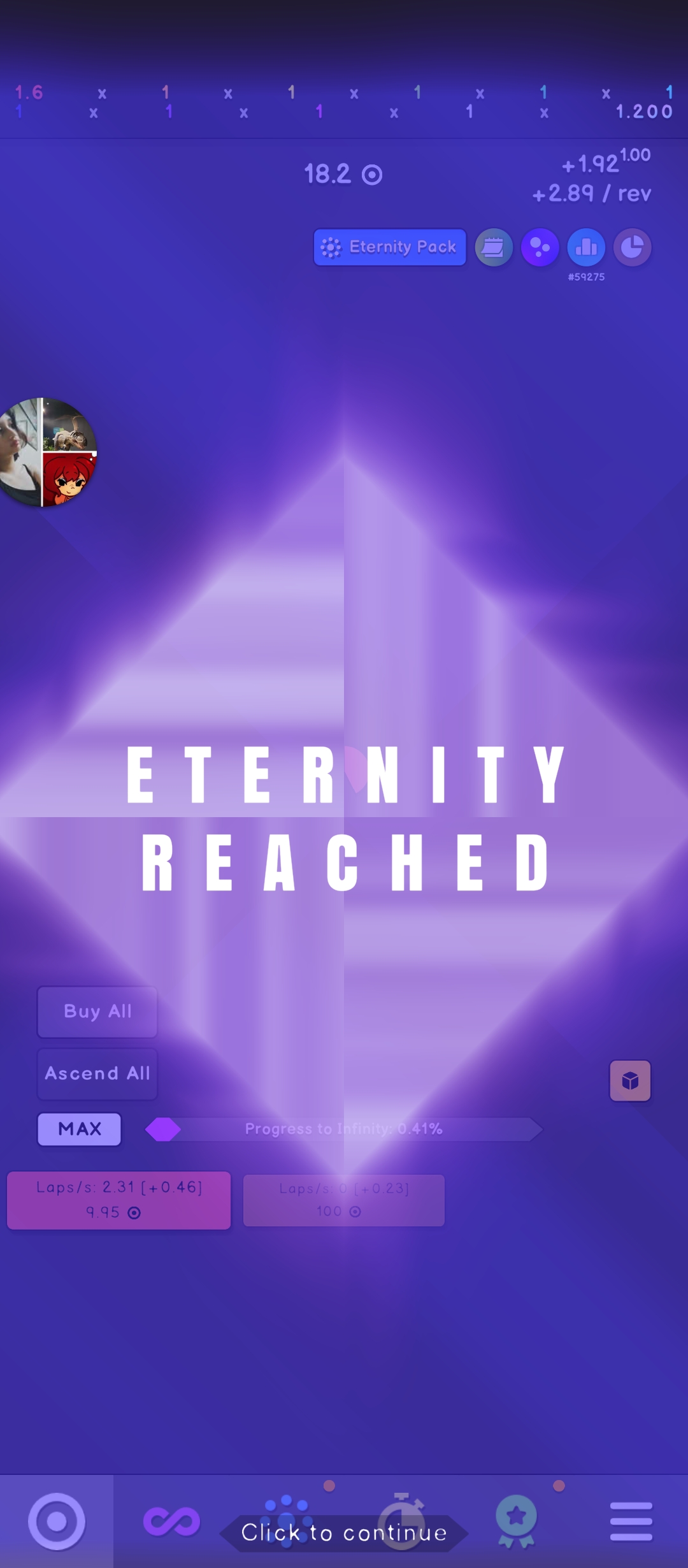 Idle mobile game screen showing ETERNITY REACHED milestone over a glowing purple diamond interface