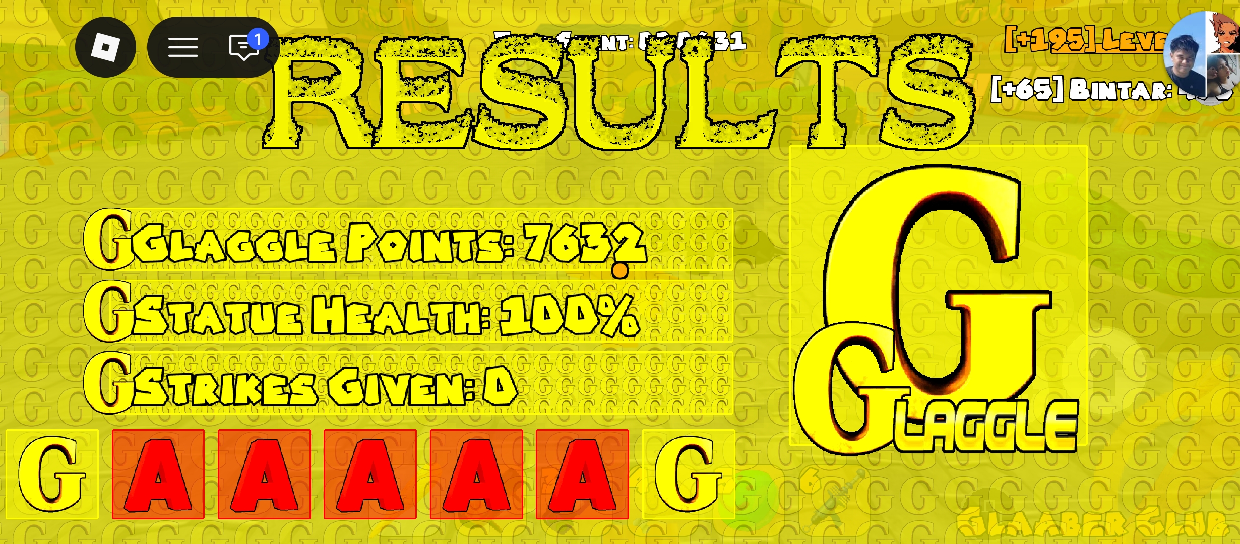 Roblox Glaggle game post-match results screen showing player stats on a bright yellow themed user interface