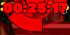 Bold outlined red pixel timer displaying 00:25:17 over retro game UI elements
