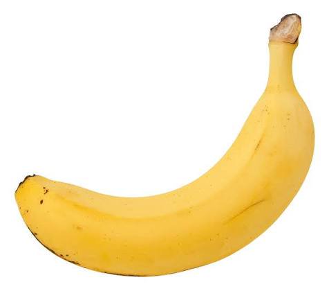 Single ripe yellow Cavendish banana, isolated on a plain solid white background