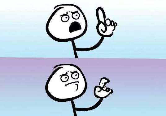 Two panel stick figure meme, top character shouts pointing up, bottom unimpressed holding the sam...