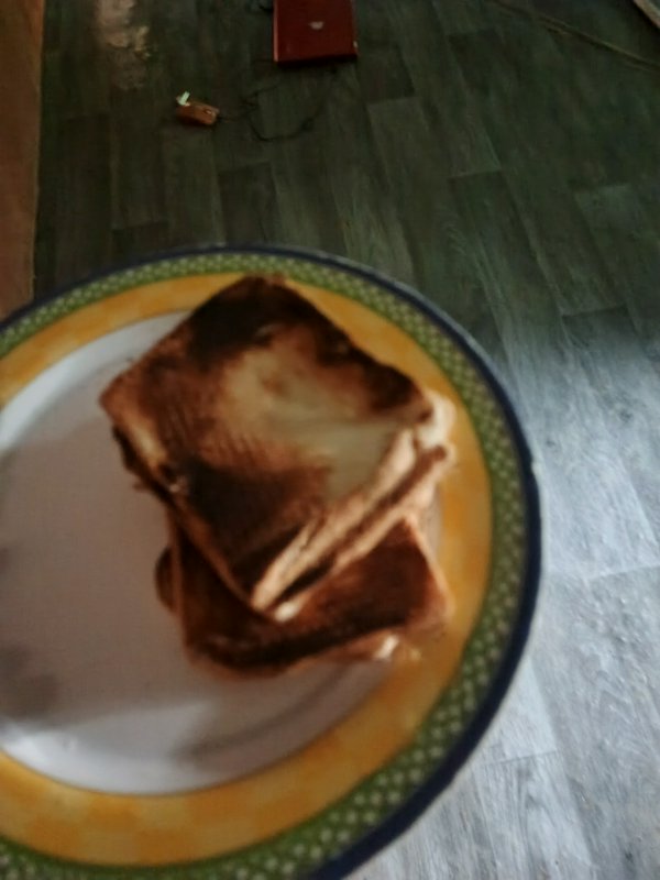 Stacked grilled toasted sandwich halves on a decorative rimmed ceramic plate, viewed from above o...