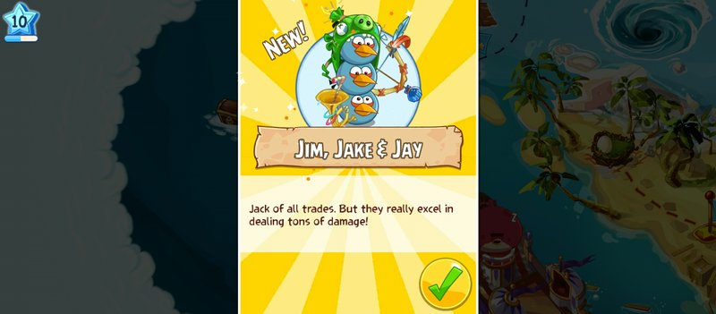 New Angry Birds unlock screen featuring Jim, Jake & Jay stacked blue bird trio character card wit...