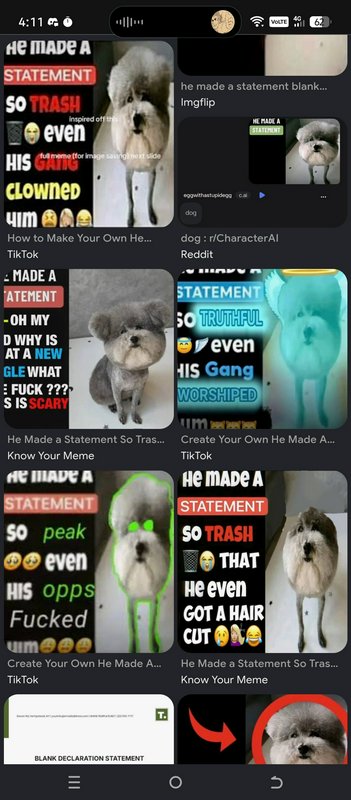 Dark mode mobile search results displaying variations of the viral "He Made A Statement" uncanny ...
