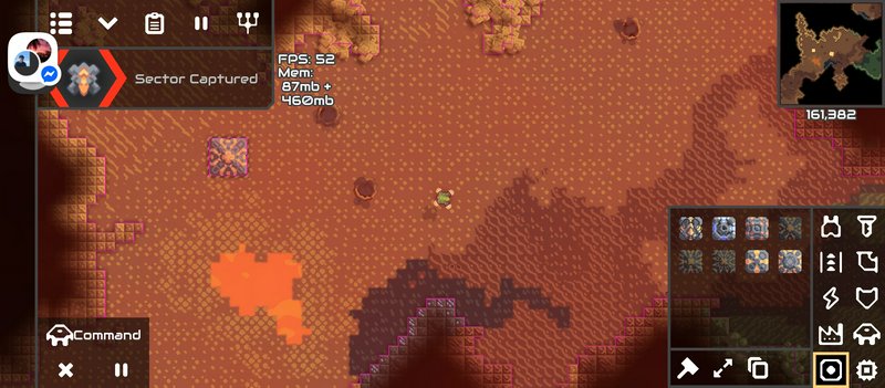 Screenshot of top-down pixel art sci-fi strategy game, showing captured alien sector, game UI, an...