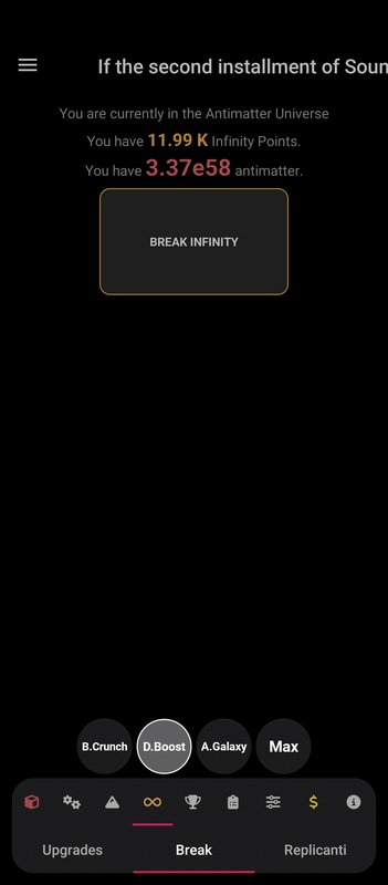 Idle Antimatter mobile game UI showing player stats and the Break Infinity menu button
