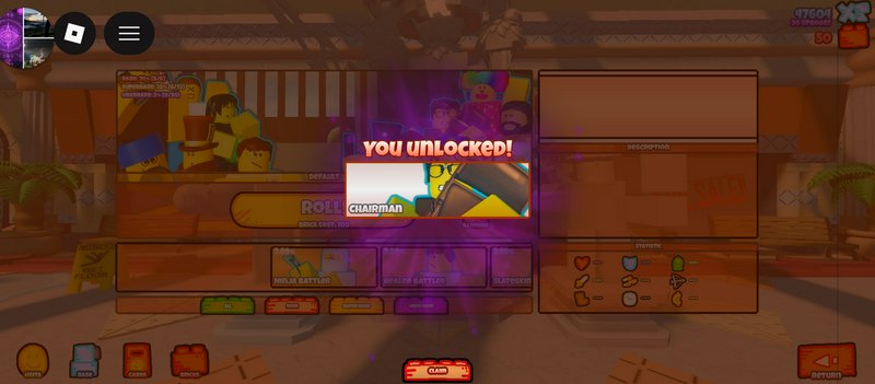Roblox gacha game popup showing the player has unlocked the rare Chairman character unit