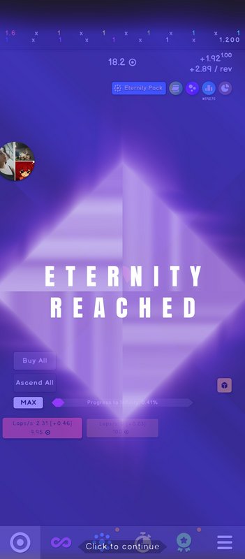 Idle mobile game screen showing ETERNITY REACHED milestone over a glowing purple diamond interface