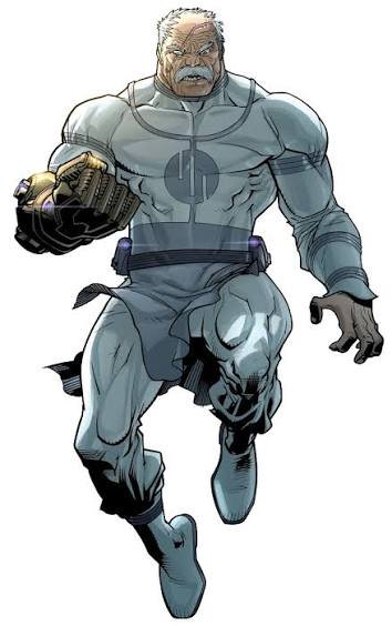 Muscular gray-haired older superhero with a tech gauntlet leaps forward in a light gray uniform