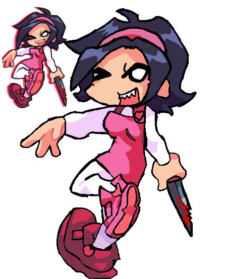 Menacing chibi anime girl holding a bloodied knife, with a smaller pose reference of the characte...