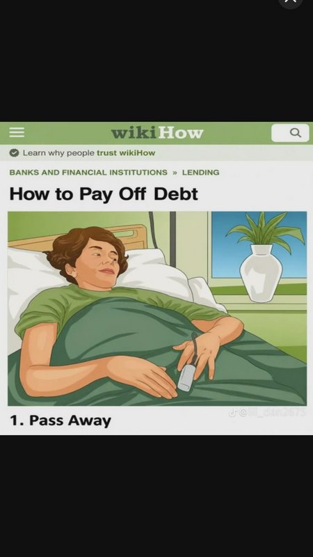 Funny edited wikiHow meme lists "Pass Away" as the first step to pay off debt, showing a patient ...