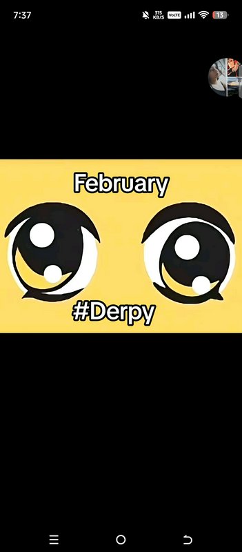 Misaligned goofy derpy cartoon eyes with February #Derpy text on a yellow background