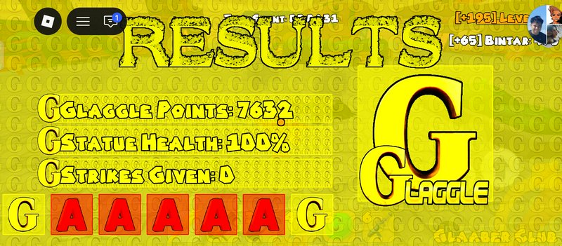 Roblox Glaggle game post-match results screen showing player stats on a bright yellow themed user...